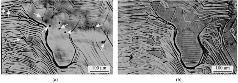 Optical micrograph of SiC crystal grown by TSSG in transmission mode; Optical micrograph of the same area in reflection mode Optical micrograph of SiC crystal grown by TSSG in transmission mode; Optical micrograph of the same area in reflection mode